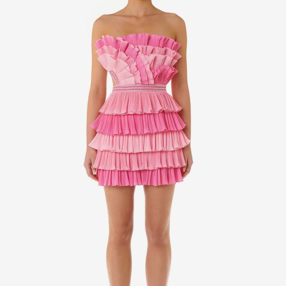 Strapless Pink Tiered Ruffle Mini Dress